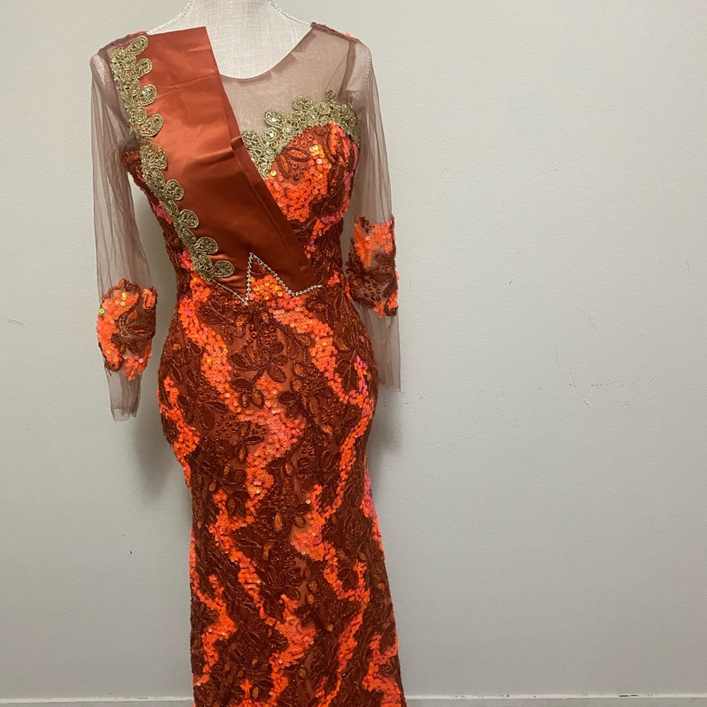 Burnt orange crystal/stone cocktail dress.